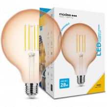 LED lámpa , égő , izzószálas hatás , filament  , E27 foglalat , G125 , 4 Watt , dimmelhető , meleg fehér , 1800K , borostyán sárga , Modee